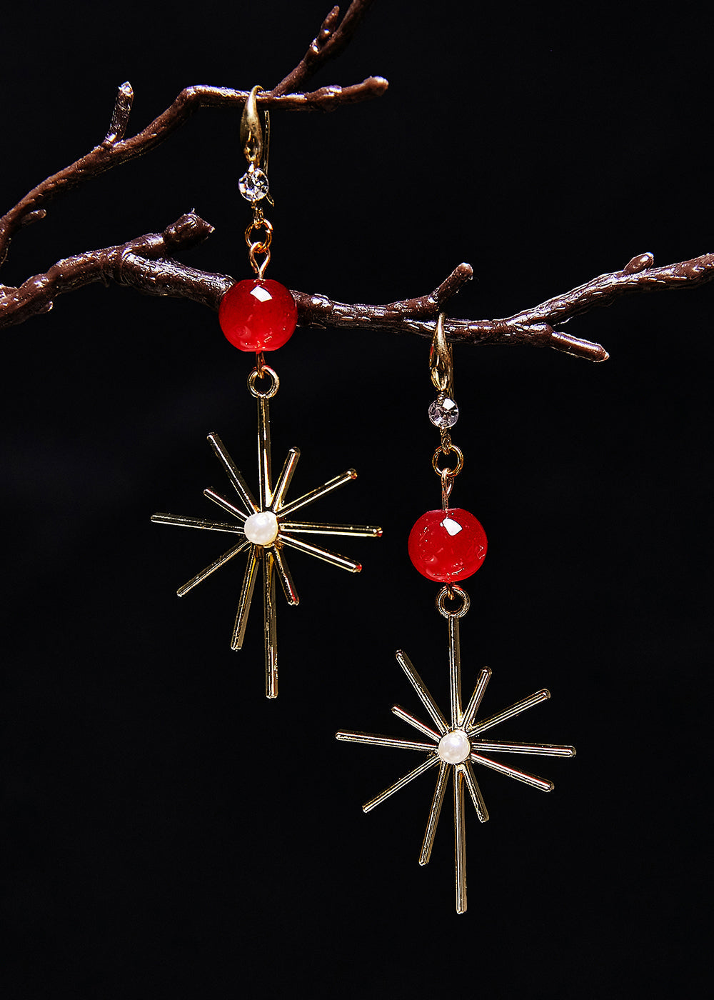 Red Gem Stone Fireworks Shape Drop Earrings
