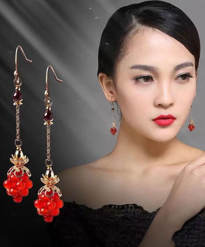 Red Sterling Silver Overgild Agate Garnet Drop Earrings