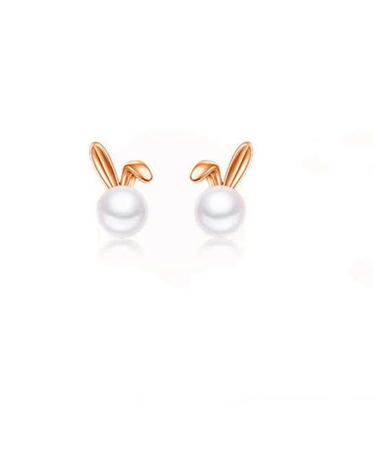 Rose Gold Rabbit Metal Pearl Stud Earrings