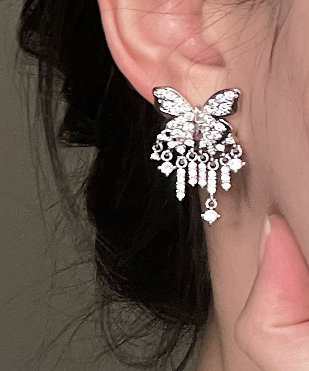 Silk Sterling Silver Alloy Inlaid Zircon Butterfly Tassel Drop Earrings