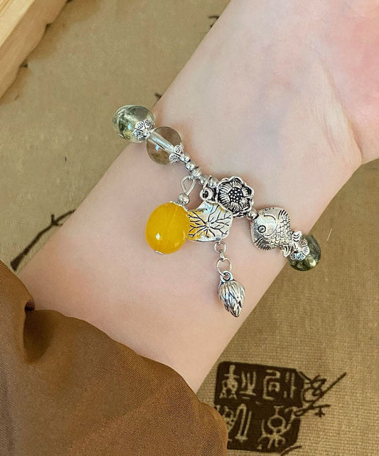 Silk Sterling Silver Crystal Little Fish Playing With Lotus Tassel Charm Bracelet