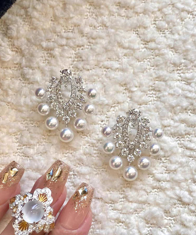 White Copper Zircon Pearl Stud Earrings
