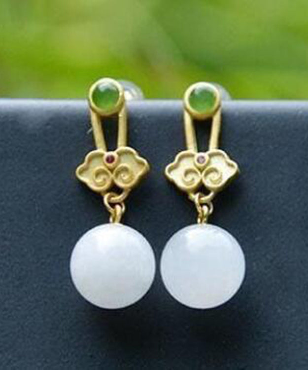 White Sterling Silver Jade Ruyi Drop Earrings