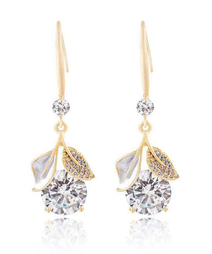 White Sterling Silver Overgild Zircon Leaves Drop Earrings