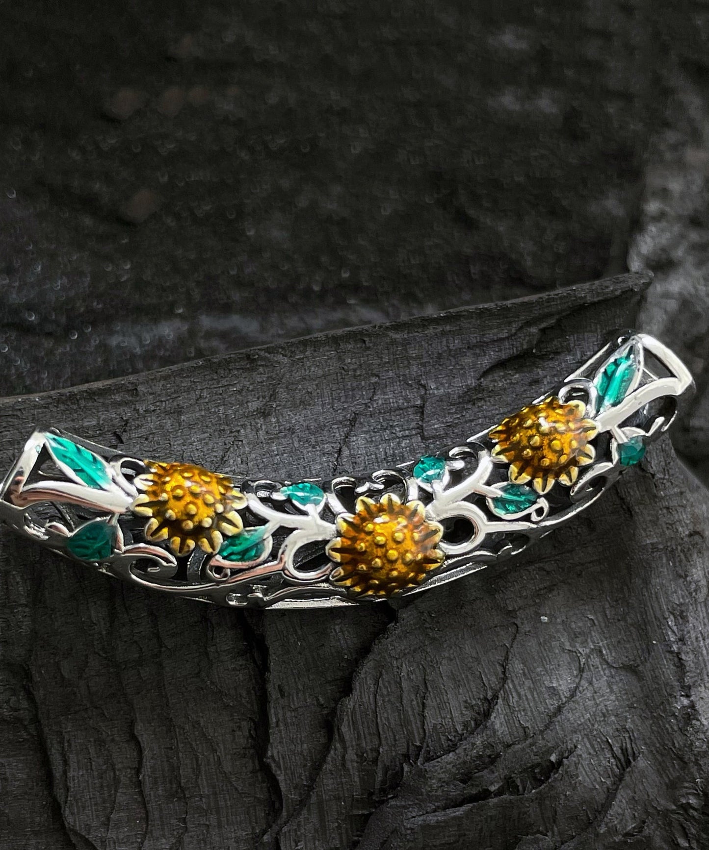 Fine Black Sterling Silver Crystal Sunflower Choker Kx1031
