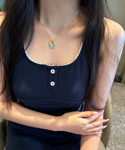 Fine Blue Ancient Dharma Gold Zircon Butterfly Pendant Necklace Ac1076