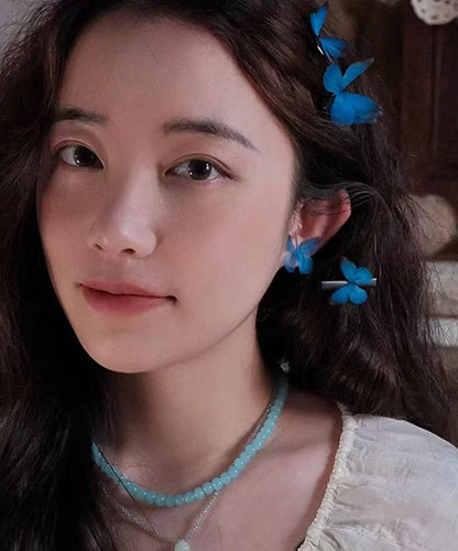Fine Blue Tulle Alloy Butterfly Stud Earrings