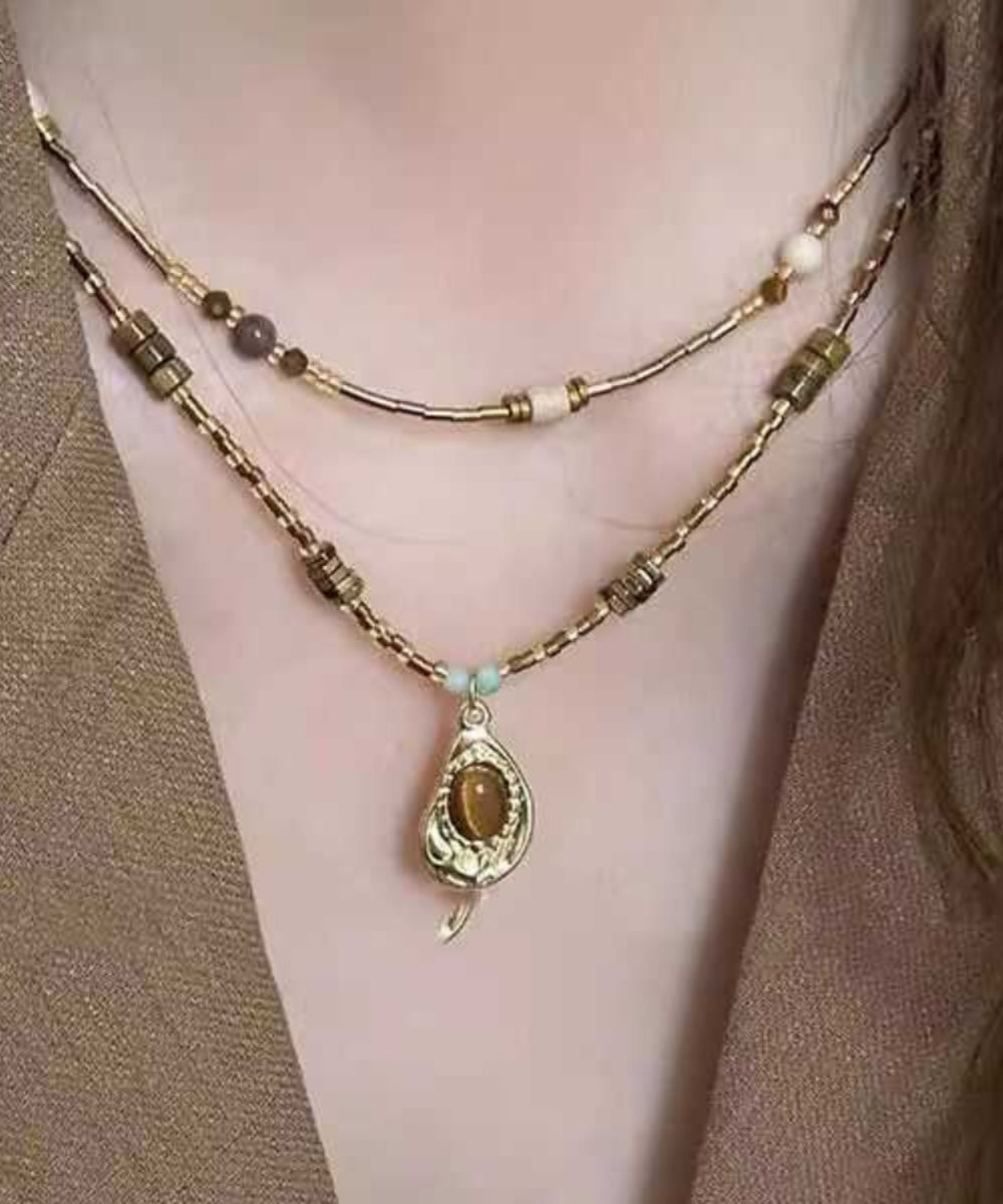 Fine Coffee Copper Crystal Tiger Eye Stone Pendant Necklace Two Piece Set Qz010