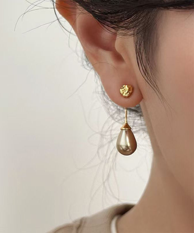 Fine Coffee Sterling Silver Overgild Pearl Water Droplet Drop Earrings
