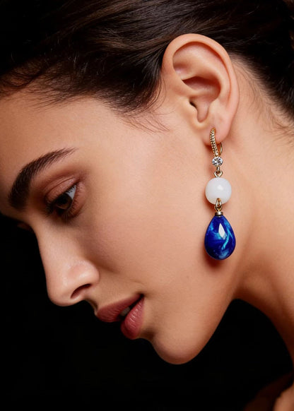 Fine Peacock Blue Water Droplet Gem Stone Style Drop Earrings