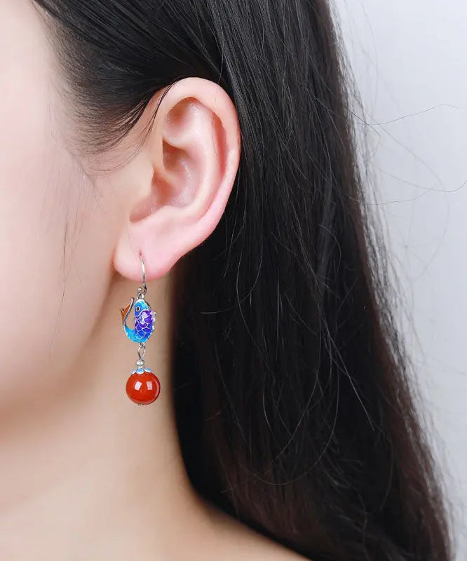 Sterling Silver Agate Cloisonne Goldfish Drop Earrings