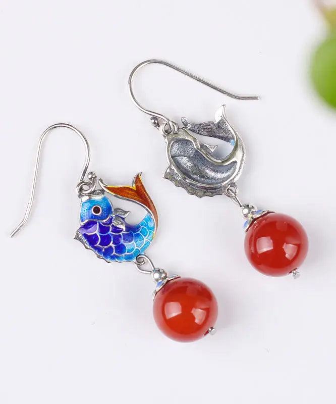 Sterling Silver Agate Cloisonne Goldfish Drop Earrings