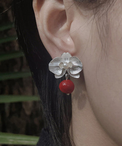 Fine Red Sterling Silver Pearl Red Beans Drop Earrings