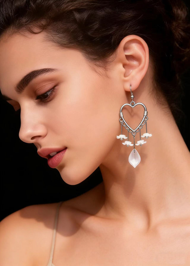 Fine White Flower Acrylic Heart-shaped Long Drop Earrings
