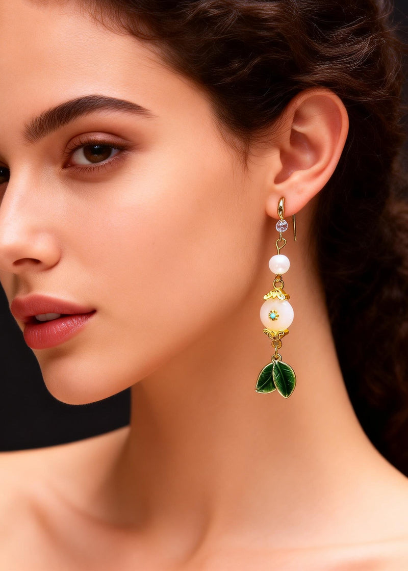 Fine White Jade Green Leaf Metal Drop Earrings