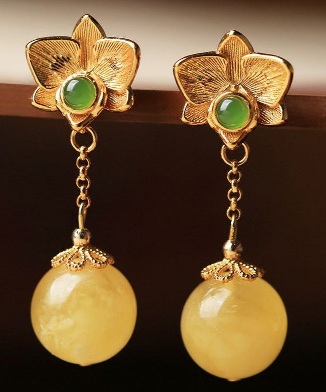 Fine Yellow Sterling Silver Overgild Beeswax Amber Crystal Drop Earrings Gh1025