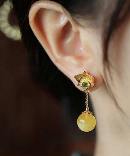 Fine Yellow Sterling Silver Overgild Beeswax Amber Crystal Drop Earrings Gh1025