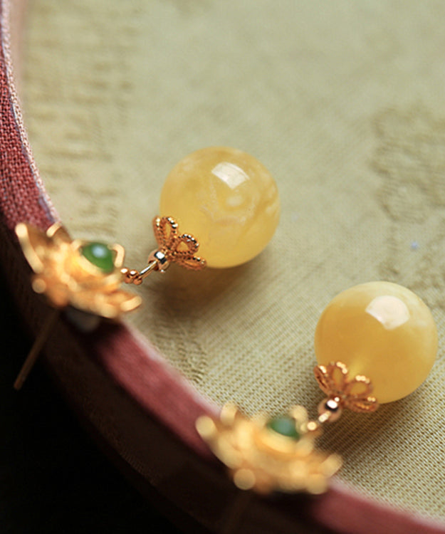 Fine Yellow Sterling Silver Overgild Beeswax Amber Crystal Drop Earrings Gh1025