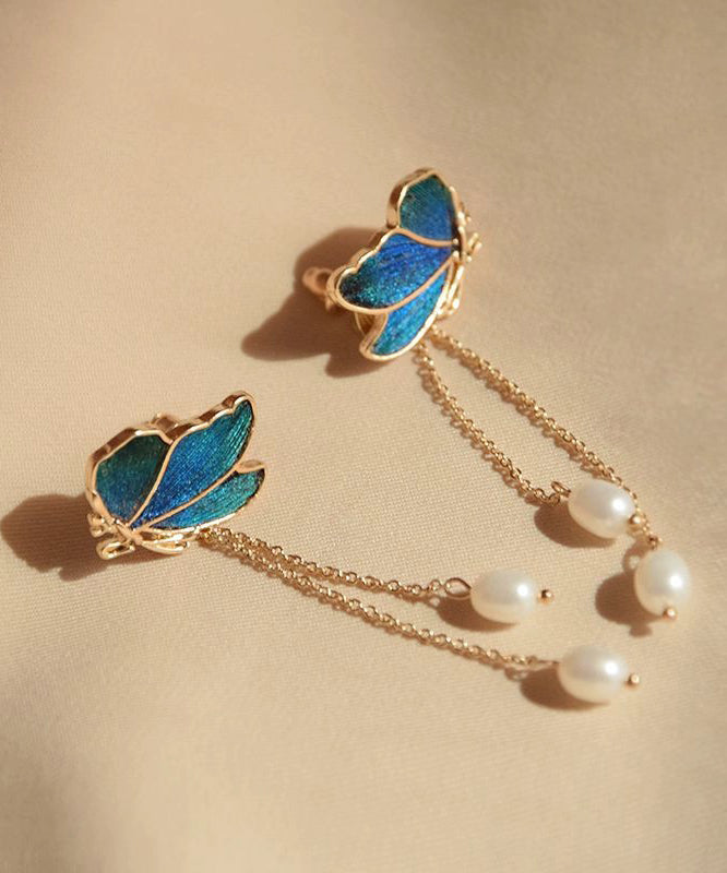 Drop Pearl Butterfly Color Overgild Blue Tassel Gradient Copper
