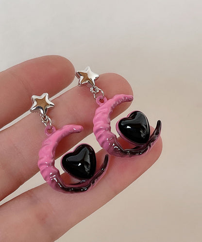 Gradient Color Pink Sterling Silver Alloy Glass Moon Love Drop Earrings