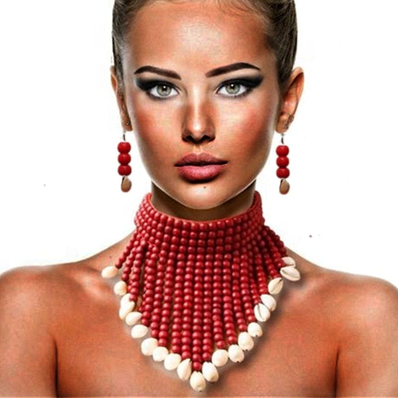 African Tribal Shell Choker Necklace & Earrings Set