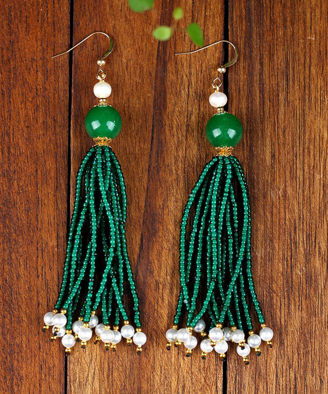 Handmade Blackish Green 14k Gold Pearl Dry Green Glass Beads Drop Earrings