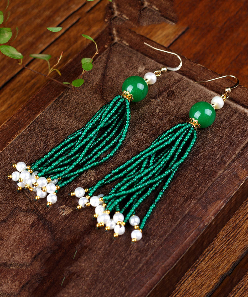 Handmade Blackish Green 14k Gold Pearl Dry Green Glass Beads Drop Earrings