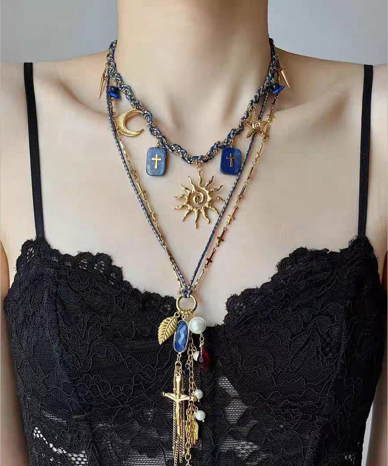 Handmade Blue Alloy Weave Lapis Lazuli Sun Pendant Necklace Two-piece Set
