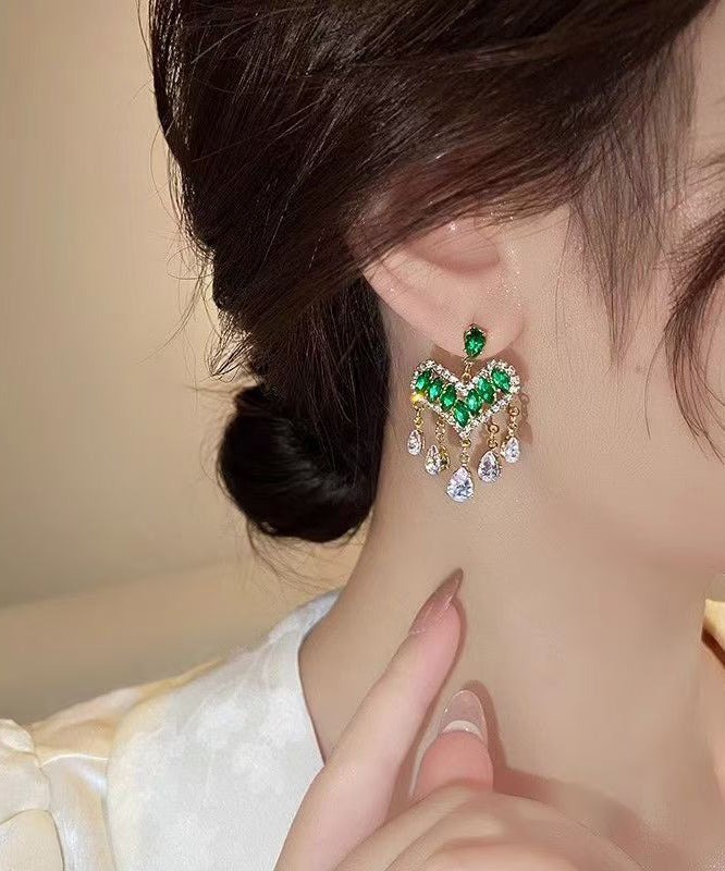 Light Green Zircon Heart-shaped Tassel Stud Earrings