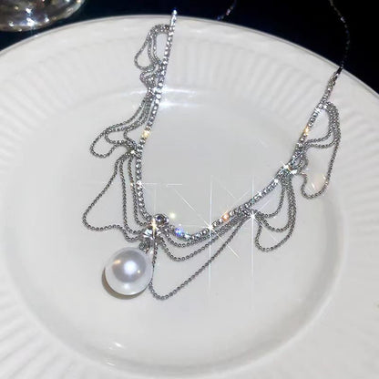Modern Gold Copper Pearl Zircon Draping Pendant Necklace