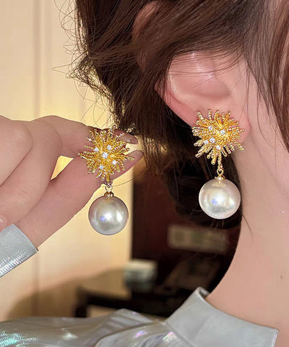 Modern Gold Metal Alloy Zircon Fireworks Pearl Drop Earrings