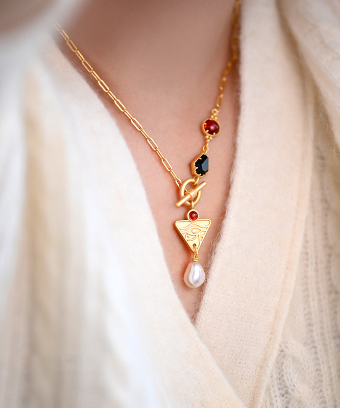 Modern Pearl Black Onyx Red Garnet Chain 14k Gold Necklace