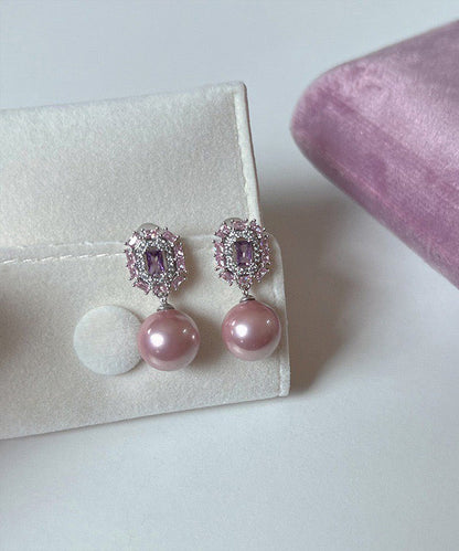 Modern Purple Copper Zircon Crystal Pearl Drop Earrings