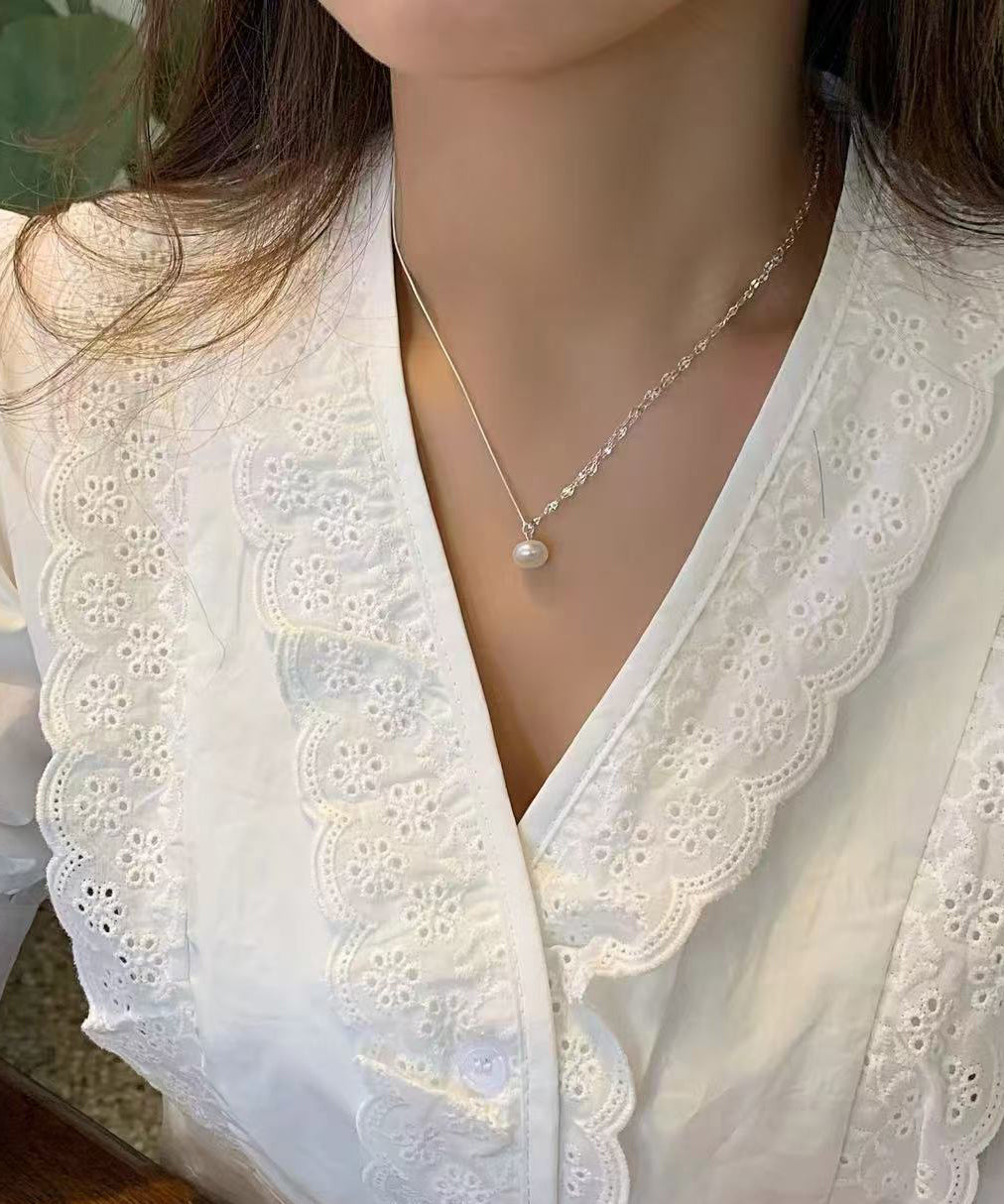 Modern Silk Sterling Silver Double Layer Pearl Pendant Necklace Ra012