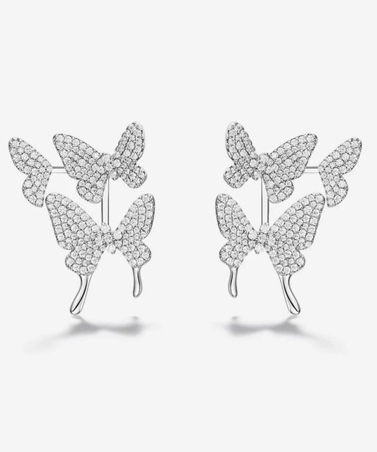 Modern Silk Sterling Silver Zircon Butterfly Stud Earrings