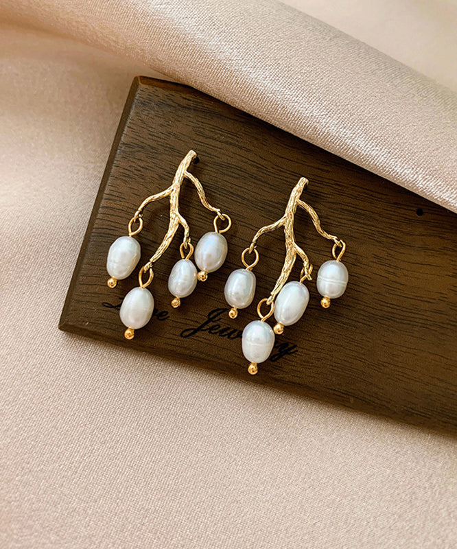 Modern White Sterling Silver Overgild Inlaid Pearl Branch Shaped Hoop Earrings Ly1805