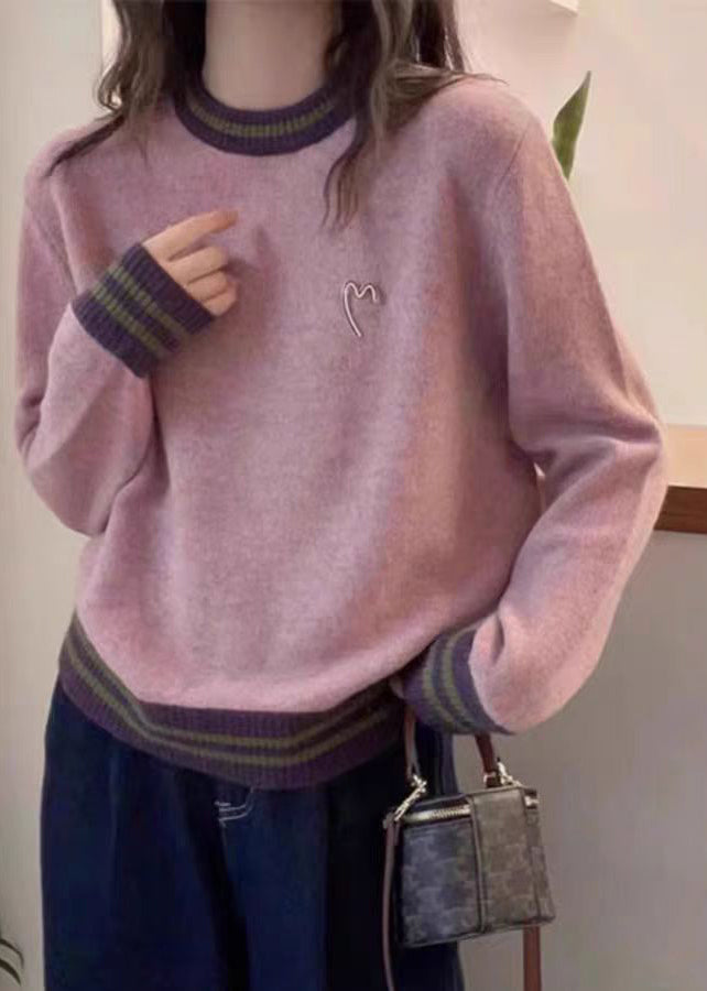 Natural Grey Patchwork Graphic Brooch Cotton Knit Sweater Spring