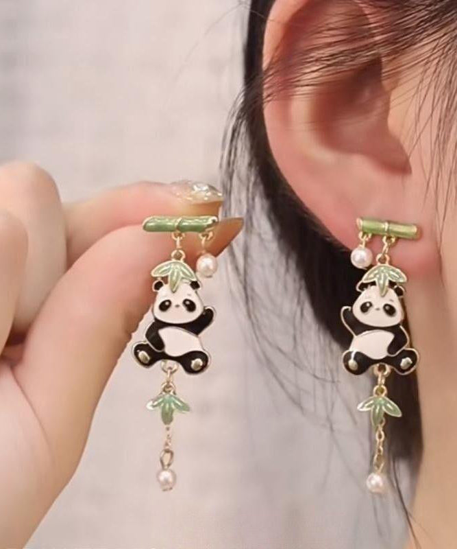 Novelty Colorblock Metal Alloy Zircon Pearl Panda Bamboo Joint Tassel Drop Earrings Kx1050