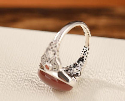 Red Agate Dragon Sterling Silver Ring