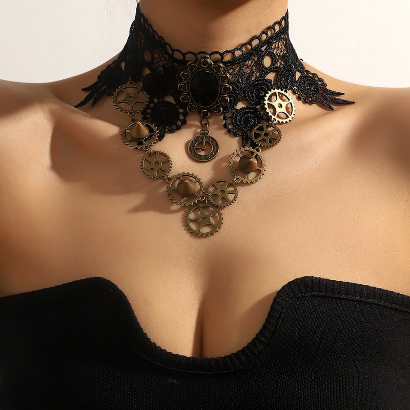Gothic Steam Punk Black Lace Gear Exaggerated Necklace
