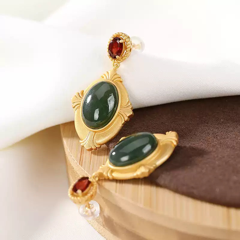 Rosalie Regal Jade and Garnet Earrings