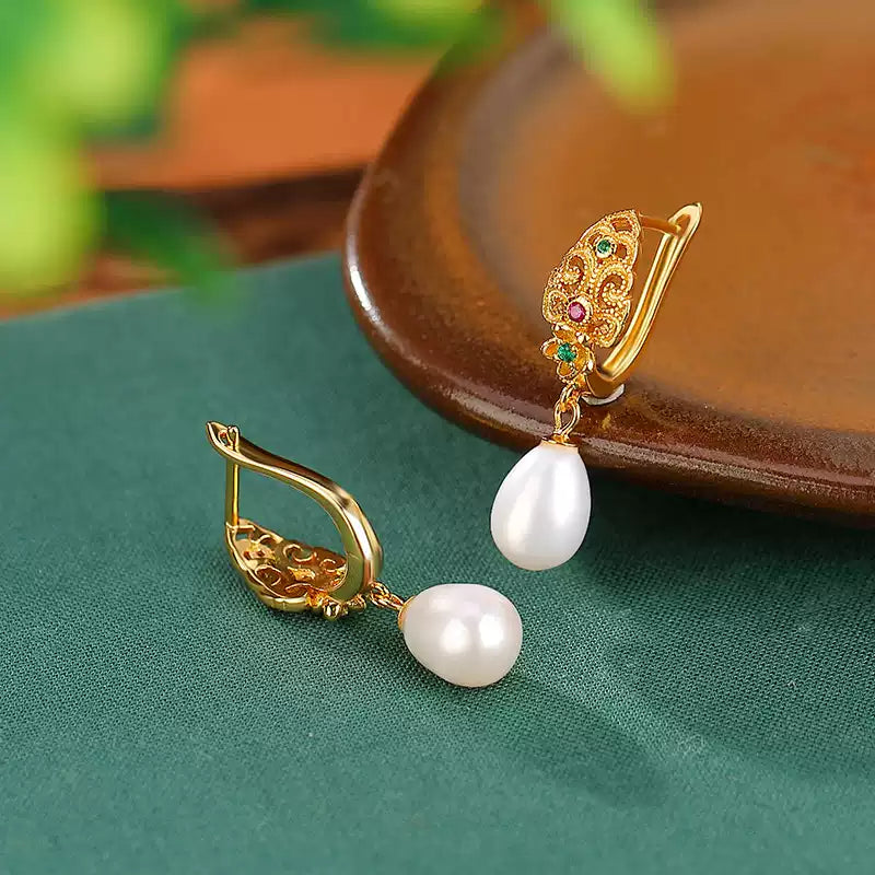 Colorful Gem Pearl Drop Earrings