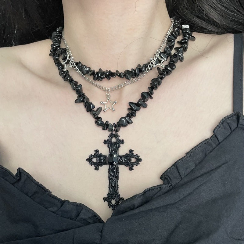 Sweet Cool Diamond Cross Star Double Layer Hip-hop Necklace