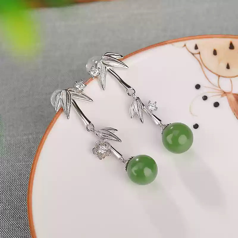 Jade Drop Bamboo Leaf Earrings
