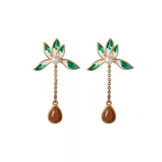 Green Leaf Enamel and Carnelian Drop Earrings