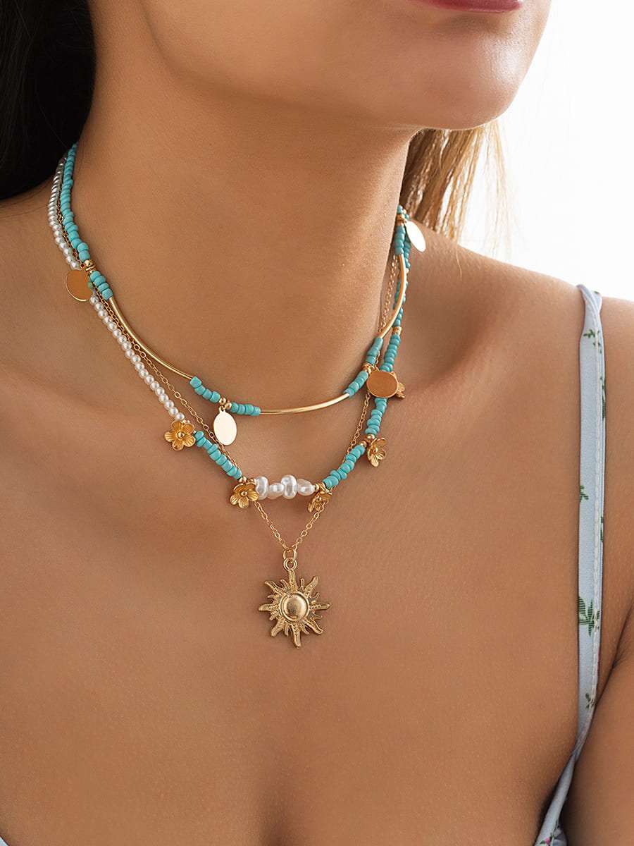 3pcs Sun & Faux Pearl Beaded Necklace