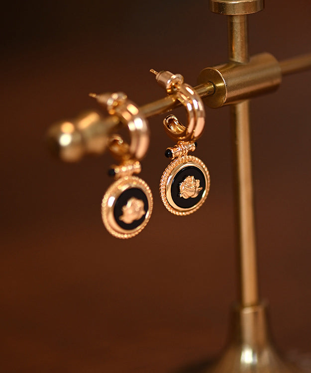 Original Design Black Onyx Roses Gold Plated Drop Earrings
