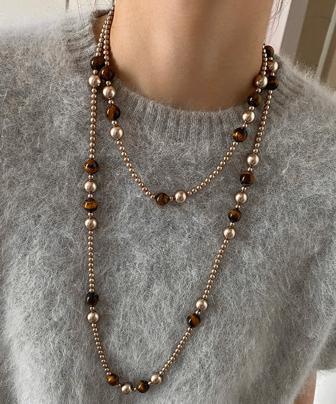 Original Design Coffee Tiger's Eye Stone Ball Double Tier Copper Long Necklace