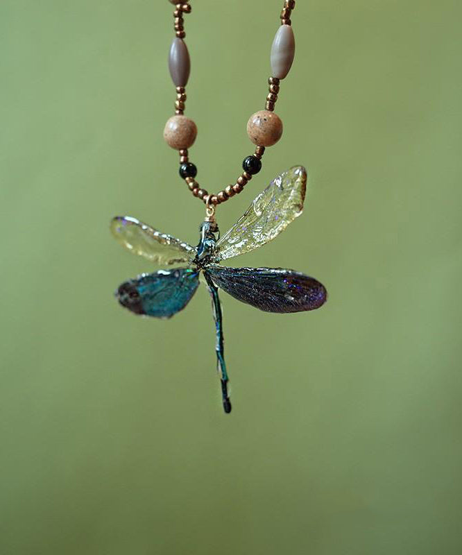 Original Design Colorblock Beading Dragonfly Pendant Necklace Qj052