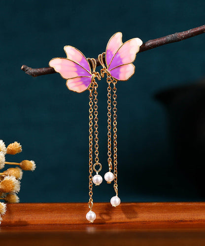 Original Design Gradient Color Ancient Gold Pearl Butterfly Tassel Earrings Gh1082